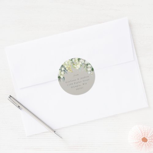 Greige SnowberryEucalyptus Wedding Address Classic Round Sticker
