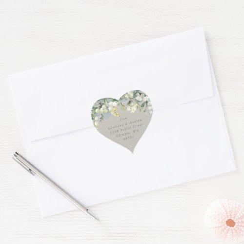 Greige SnowberryEucalyptus Wedding Address Heart Sticker