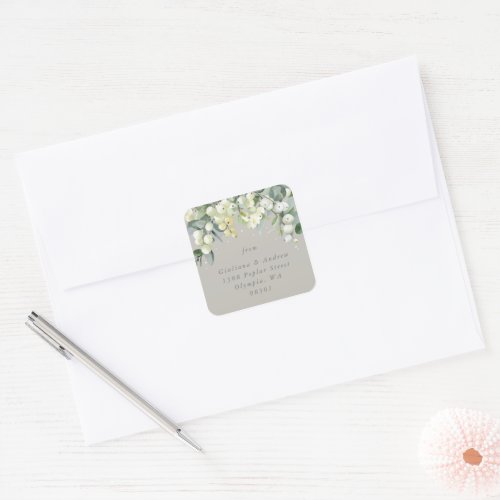 Greige SnowberryEucalyptus Wedding Address Square Sticker
