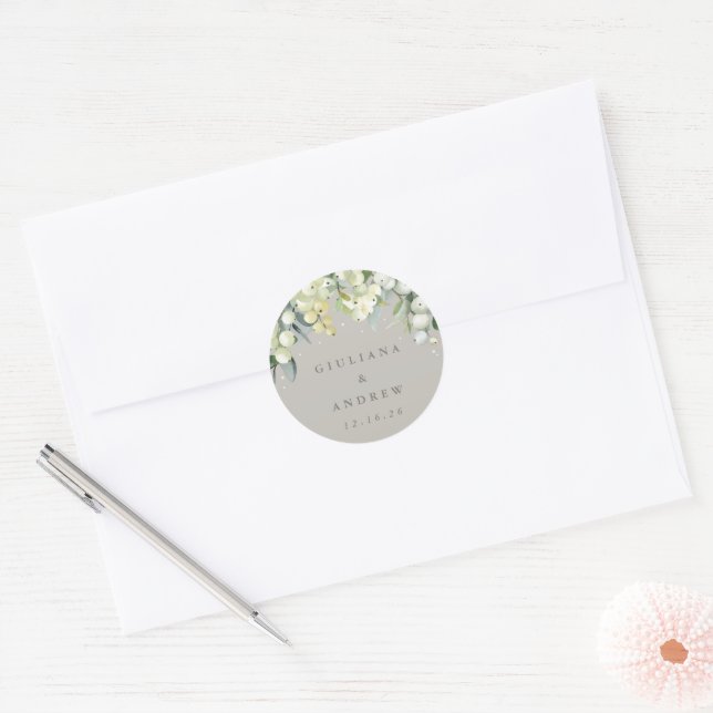 Greige Snowberry+Eucalyptus Wedding Classic Round Sticker (Envelope)