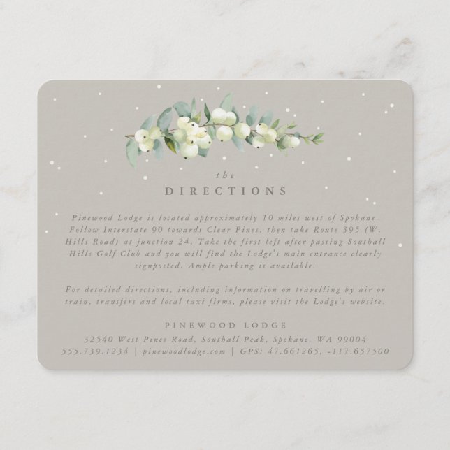 Greige Snowberry+Eucalyptus Wedding Directions Enclosure Card (Front)