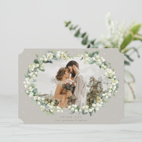 Greige SnowberryEucalyptus Wedding Flat Photo Thank You Card