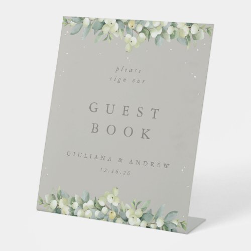 Greige SnowberryEucalyptus Wedding Guest Book Pedestal Sign