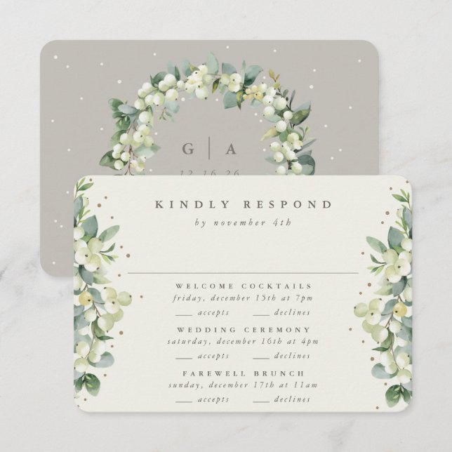 Greige Snowberry+Eucalyptus Wedding Multi-Event RSVP Card (Front/Back)