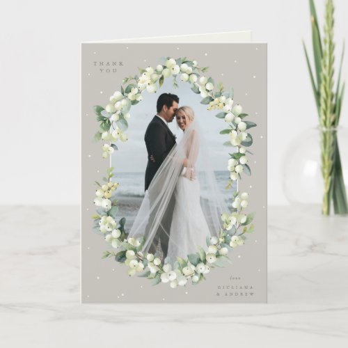 Greige SnowberryEucalyptus Wedding Photo Folded Thank You Card