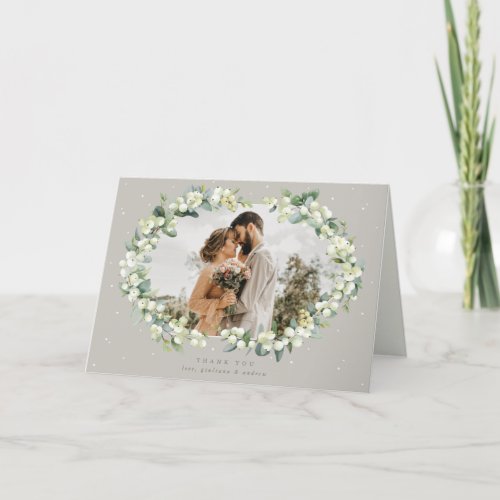 Greige SnowberryEucalyptus Wedding Photo Thank You Card