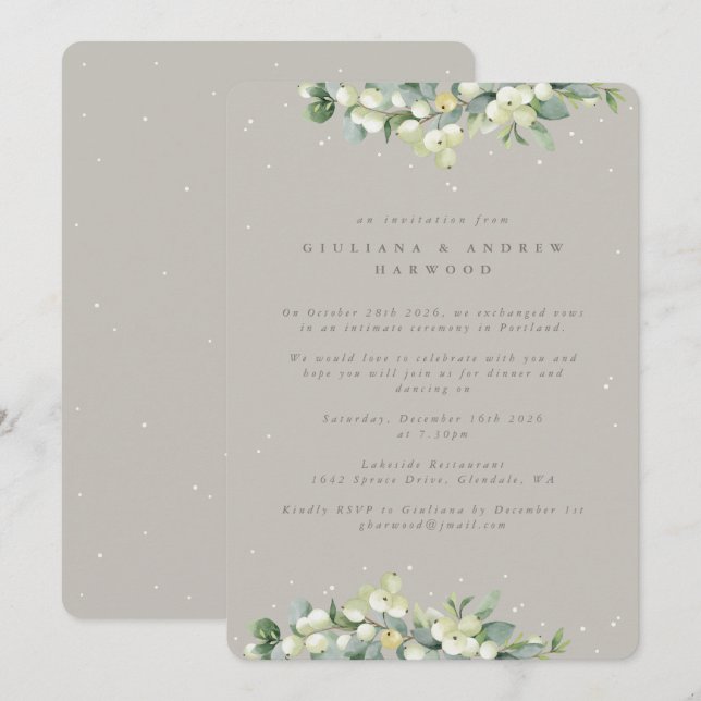 Greige Snowberry+Eucalyptus Wedding Reception Invitation (Front/Back)
