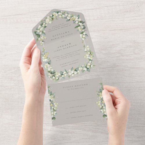 Greige SnowberryEucalyptus Wedding Reception Only All In One Invitation