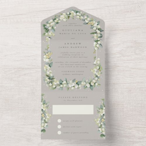 Greige SnowberryEucalyptus Wedding Reception Only All In One Invitation