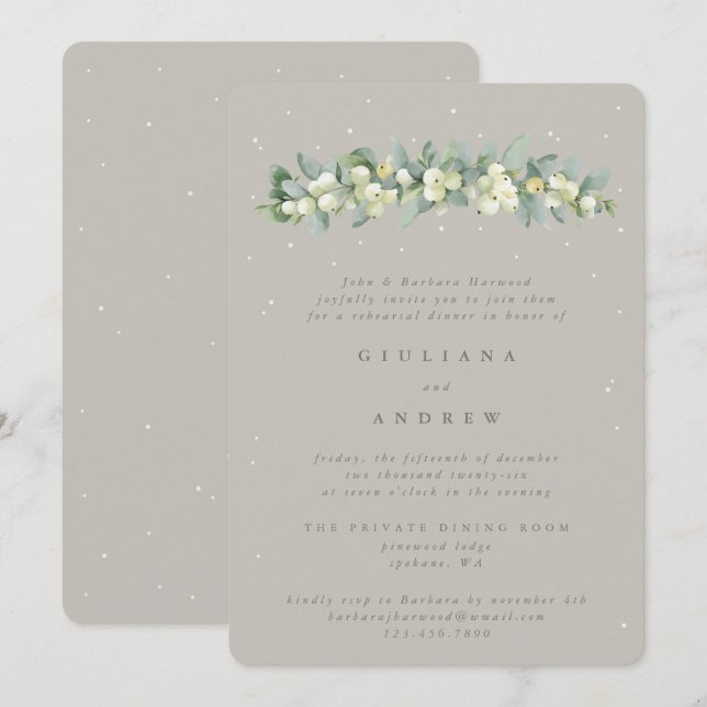 Greige Snowberry+Eucalyptus Wedding Rehearsal Invitation (Front/Back)