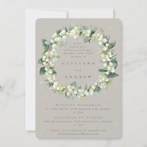 Greige SnowberryEucalyptus Wedding Rehearsal Invitation