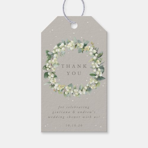 Greige SnowberryEucalyptus Wedding Shower Thanks Gift Tags