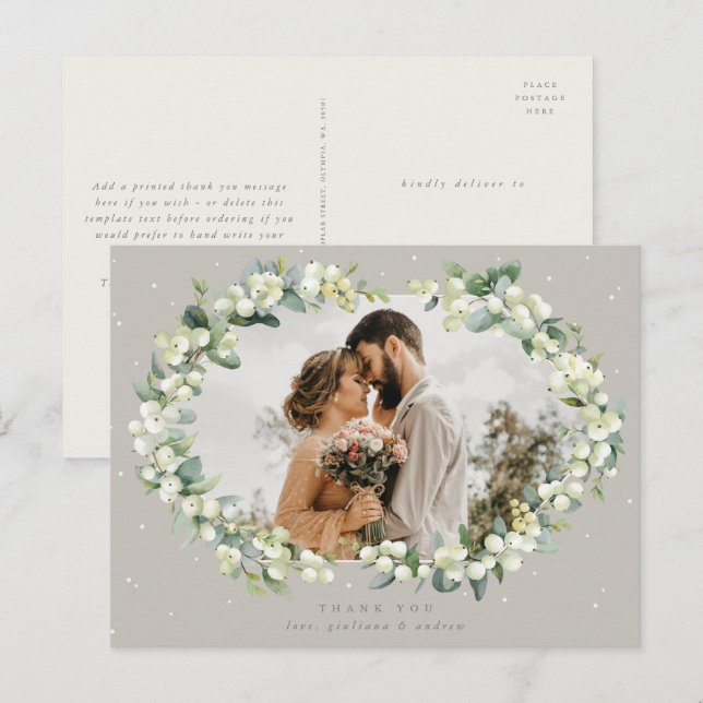 Greige Snowberry+Eucalyptus Wedding Thank You Postcard (Front/Back)