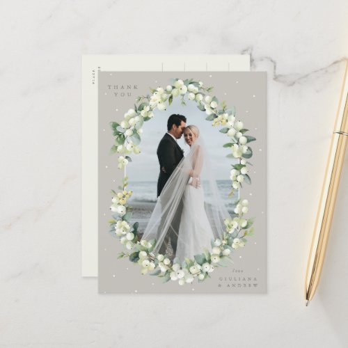 Greige SnowberryEucalyptus Wedding Thank You Postcard