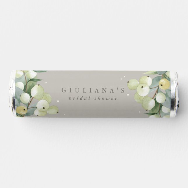 Greige Snowberry+Eucalyptus Winter Bridal Shower Breath Savers® Mints (Front)