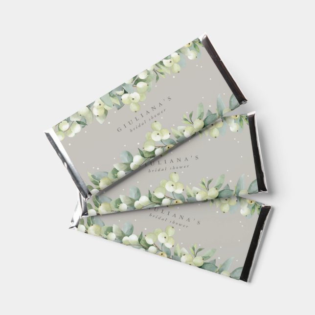 Greige Snowberry+Eucalyptus Winter Bridal Shower Hershey Bar Favors (Front)