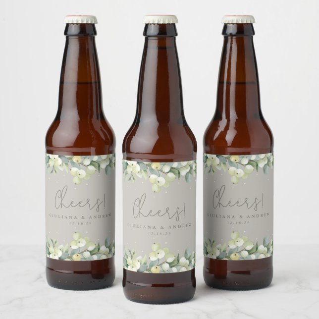 Greige Snowberry+Eucalyptus Winter Wedding Beer Bottle Label (Bottles)