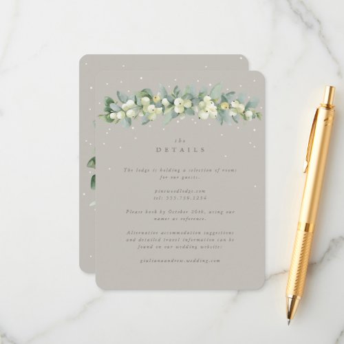 Greige SnowberryEucalyptus Winter Wedding Details Enclosure Card