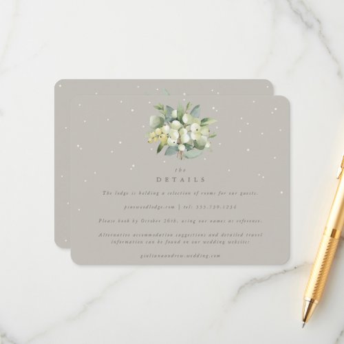 Greige SnowberryEucalyptus Winter Wedding Details Enclosure Card