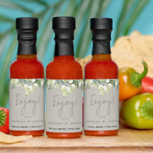 Greige Snowberry+Eucalyptus Winter Wedding Favor Hot Sauces