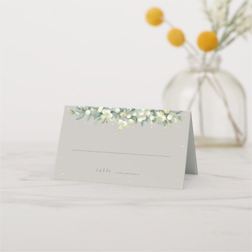 Greige SnowberryEucalyptus Winter Wedding Folded Place Card