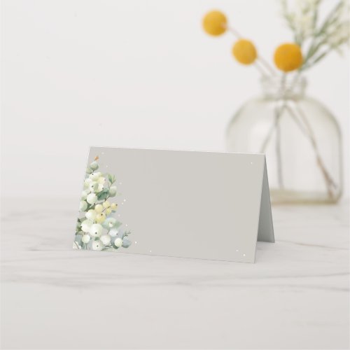 Greige SnowberryEucalyptus Winter Wedding Folded Place Card