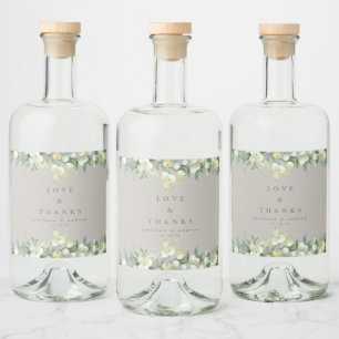 Greige Snowberry+Eucalyptus Winter Wedding Liquor Bottle Label