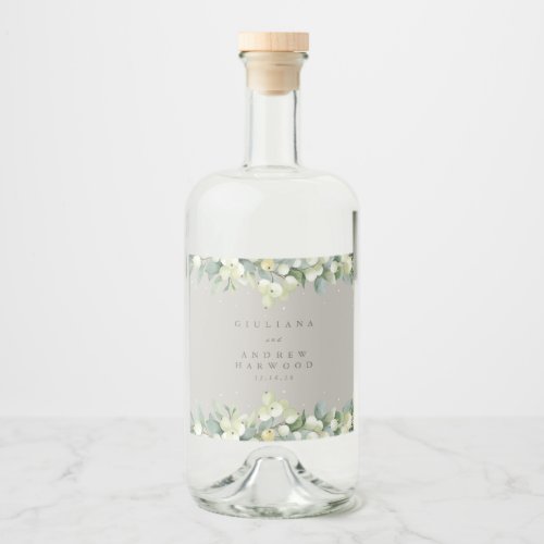 Greige SnowberryEucalyptus Winter Wedding Liquor Bottle Label