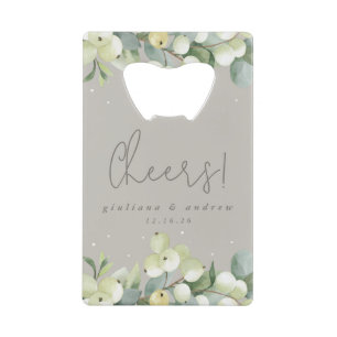 Greige Snowberry+Eucalyptus Winter Wedding Mini Credit Card Bottle Opener