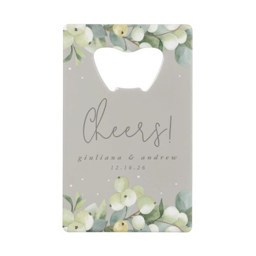 Greige SnowberryEucalyptus Winter Wedding Mini Credit Card Bottle Opener