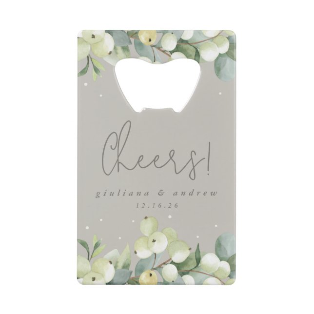 Greige Snowberry+Eucalyptus Winter Wedding Mini Credit Card Bottle Opener (Front)