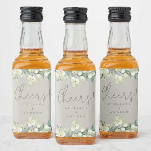 Greige SnowberryEucalyptus Winter Wedding Mini Liquor Bottle Label