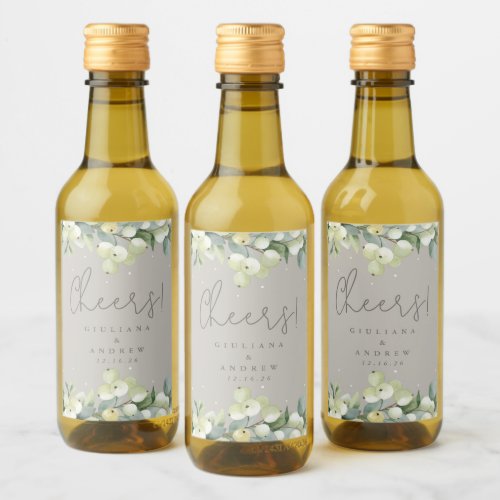 Greige SnowberryEucalyptus Winter Wedding Mini Wine Label