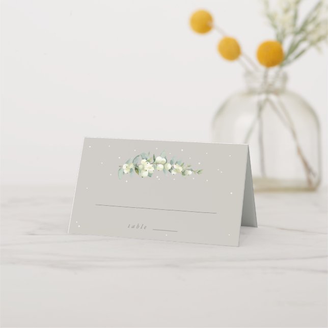 Greige Snowberry+Eucalyptus Winter Wedding Place Card (Front)