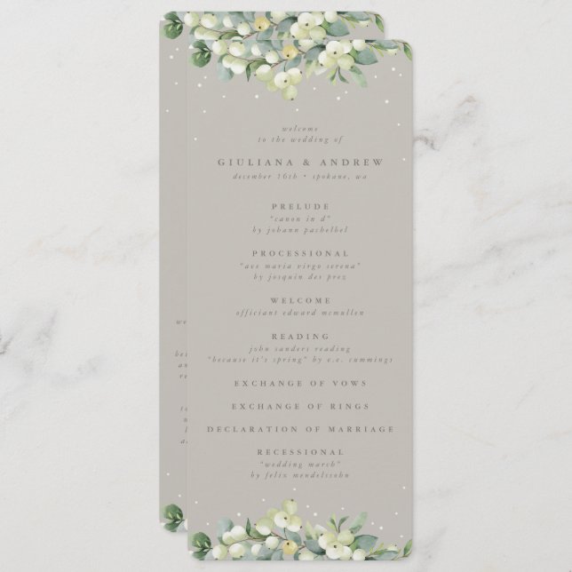 Greige Snowberry+Eucalyptus Winter Wedding Program (Front/Back)