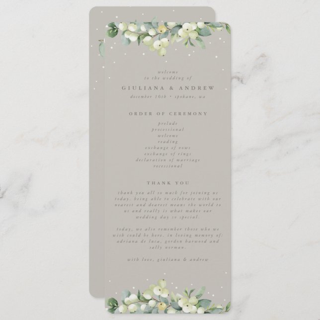 Greige Snowberry+Eucalyptus Winter Wedding Program (Front/Back)