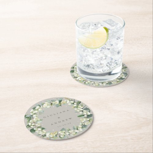 Greige SnowberryEucalyptus Winter Wedding  Round Paper Coaster