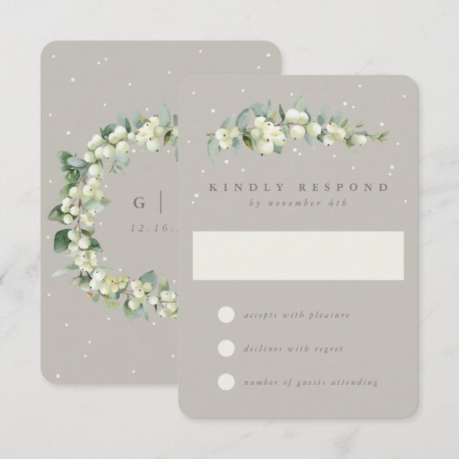 Greige Snowberry+Eucalyptus Winter Wedding RSVP Card (Front/Back)