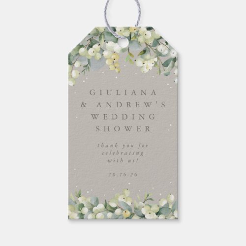 Greige SnowberryEucalyptus Winter Wedding Shower Gift Tags