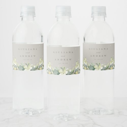 Greige SnowberryEucalyptus Winter Wedding Water Bottle Label