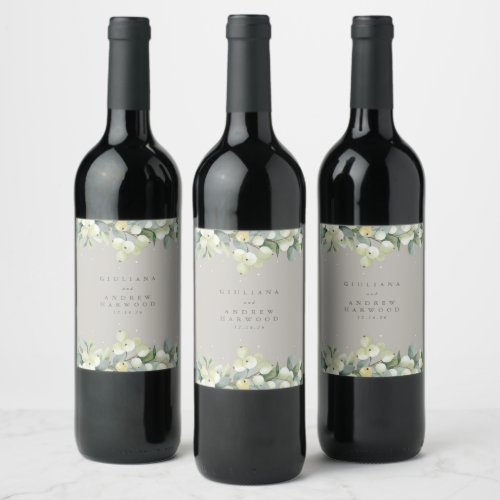Greige SnowberryEucalyptus Winter Wedding Wine Label
