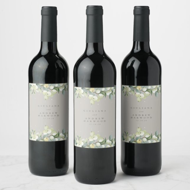 Greige Snowberry+Eucalyptus Winter Wedding Wine Label (Bottles)