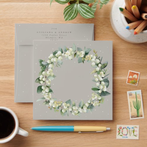 Greige SnowberryEucalyptus Wreath Square Wedding Envelope