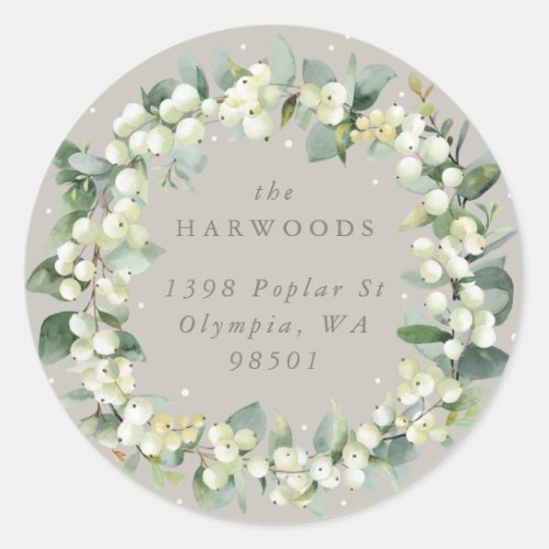Greige SnowberryEucalyptus Wreath Wedding Address Classic Round Sticker