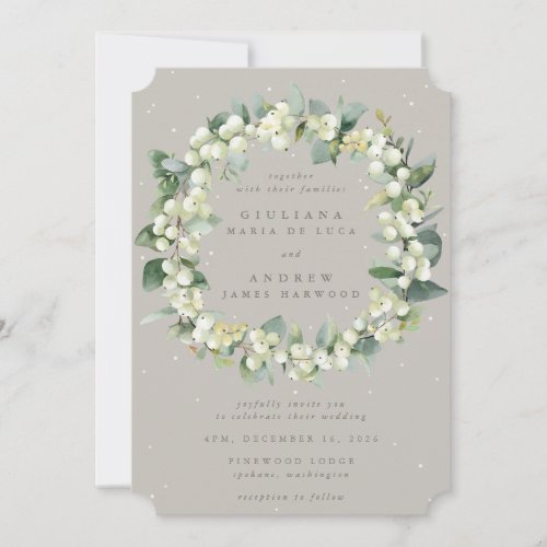 Greige SnowberryEucalyptus Wreath Winter Wedding Invitation