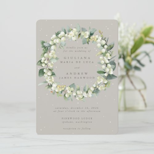 Greige SnowberryEucalyptus Wreath Winter Wedding Invitation