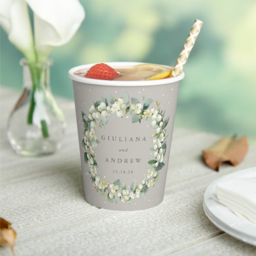 Greige SnowberryEucalyptus Wreath Winter Wedding Paper Cups