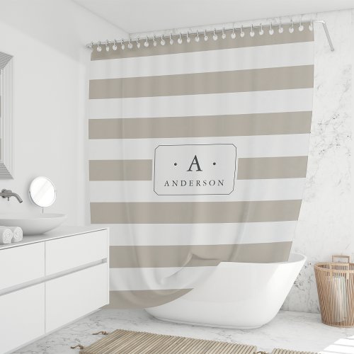 Greige Stripe Family Name  Monogram Shower Curtain