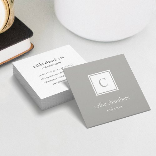 Greige Taupe Monogram Square Business Card