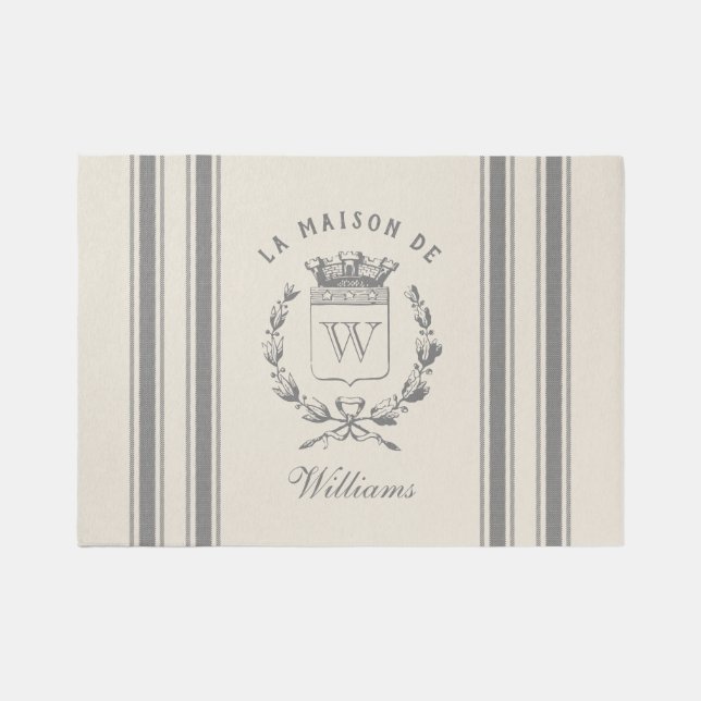 Greige Vintage Feed Sack Crest with Name Rug (Front)